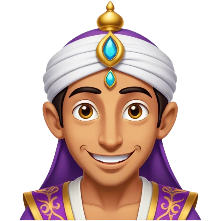 Cinematic Realistic Aladdin Portrait, head tilted dramatically with an exaggeratedly amused expression, featuring vibrant eyes and a slight, roguish grin. His detailed attire and subtle magical accents are brought to life with dynamic lighting and vivid textures, capturing a rare, playful burst of humor from a daring street-wise adventurer. emoji