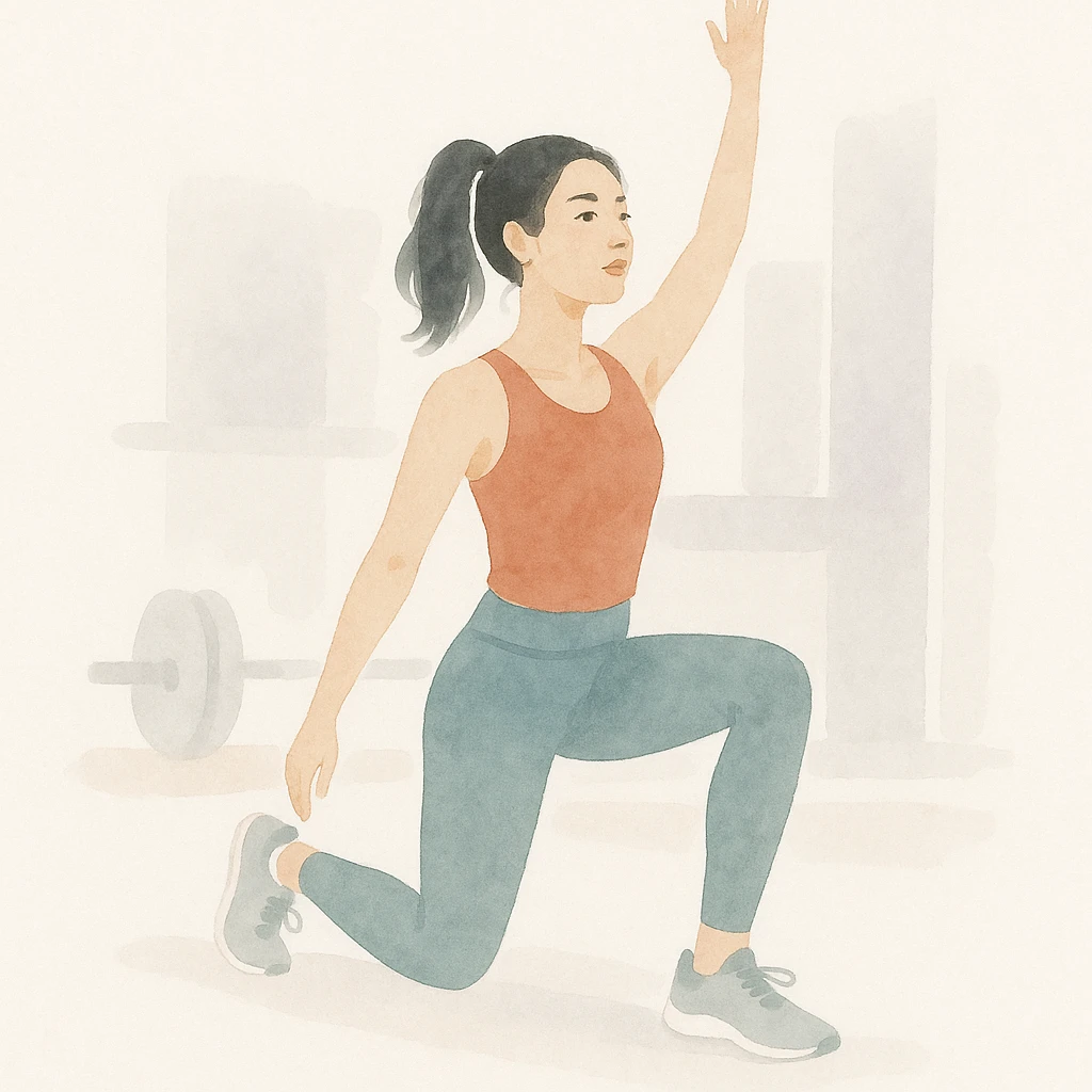Asian woman doing a routine workout, energetic, fitness attire, gym background emoji