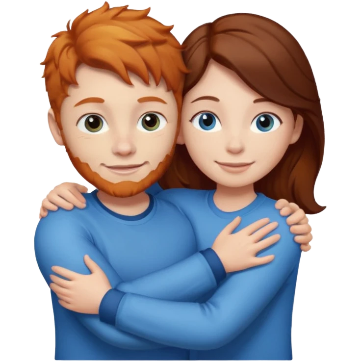 Ginger boy without facial hair hugging girl with dark brown hair. Both have blue eyes.  emoji