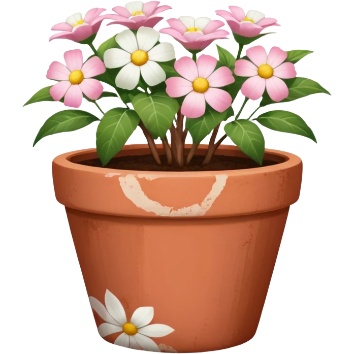 plant pot in terra cota with white and pink flowers print painted emoji