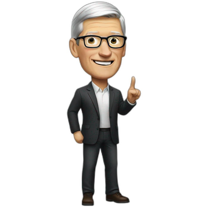 Tim Cook looking right and pointing right emoji