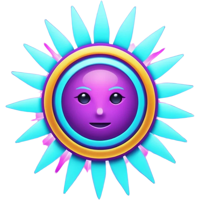 Futuristic glowing sun, neon rays, bright holographic purple and cyan glow, dark background, digital tech style emoji