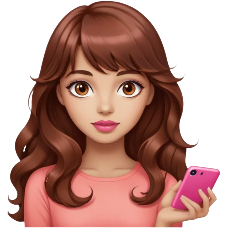 gorgeous woman, light tan skin, big dark brown eyes, very long wavy auburn hair, bangs, pink top, coral lipstick, posing emoji