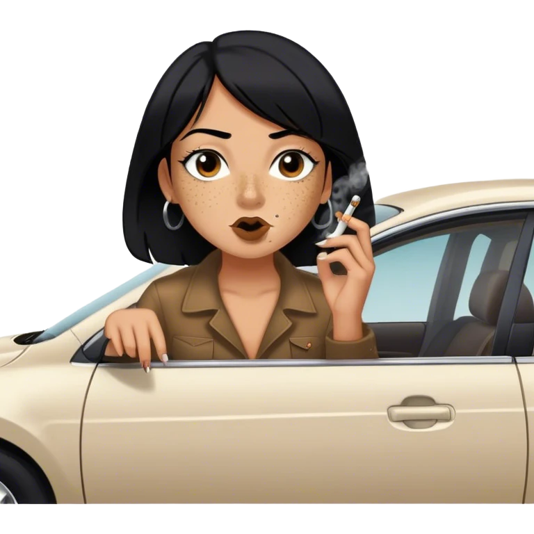 girl with black hair freckles button nose brown eyes smoking a huge blunt hanging out of a black nissan altima  emoji