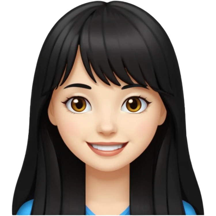 pretty white girl with long black hair and thick bangs, very dark brown eyes, smiling expression, emoji style emoji
