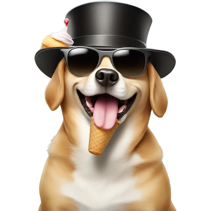 Dog with sunglasses and a top hat eating ice cream emoji