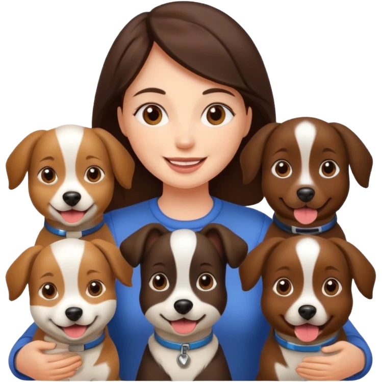 brunette woman surrounded by 4 dogs emoji