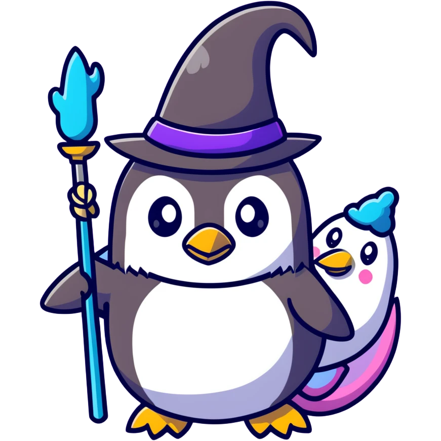 penguin wizard with a staff and hat surrounded by a small dragon, fairy, and unicorn emoji