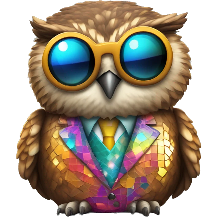 Cartoony chubby brown horned owl with sunglasses and colorful suit made of a disco ball  on emoji