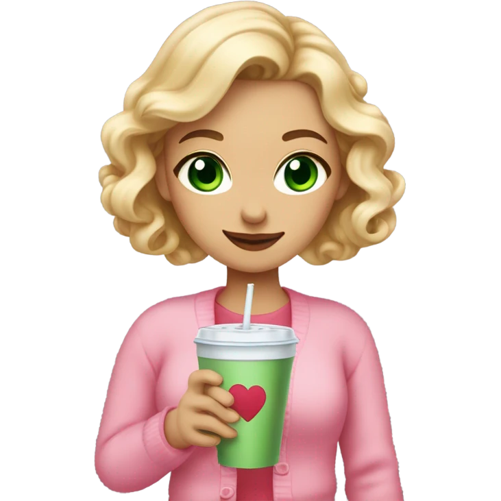 woman with green eyes and long curled blonde hair with a pink bow in her hair, wearing a pink cardigan with a red hearts and she is holding an iced coffee emoji