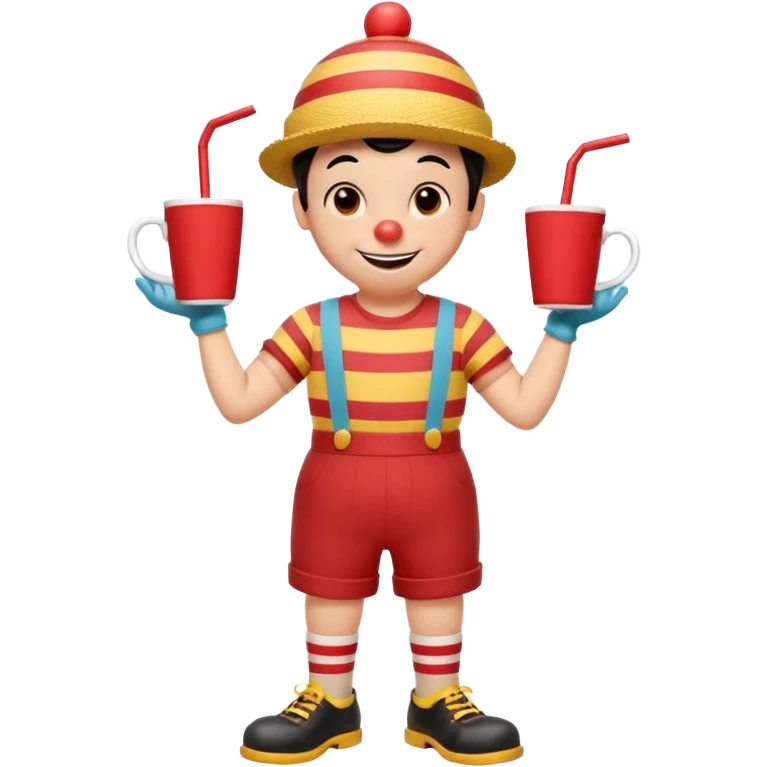 1930s rubber hose cartoon-style cup character with a big smile, black eyes, red nose, and striped straw on head. Wearing red shorts, yellow gloves, brown shoes, black shirt. Arms on hips, cheerful pose. Vintage Disney/Fleischer style, clean lines, limited colors, slight paper texture. 
 emoji