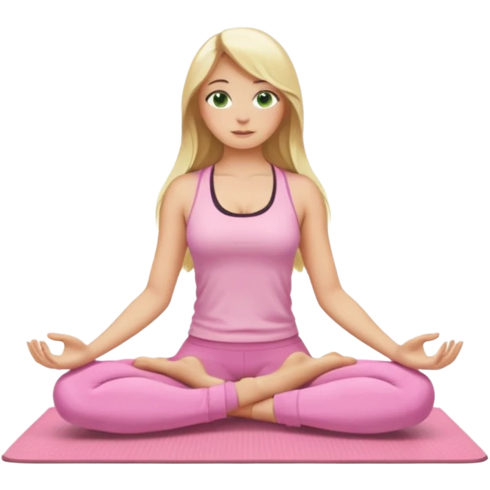 blonde long hair, green eyes, yoga girl in light pink clothes sitting cross-legged on a yoga mat, emoji style emoji