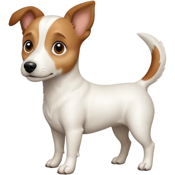 a full body white jack russel looking dog the size of a kelpie with light brown ears and a light brown patch on one eye, flopped down ears and a large snout emoji