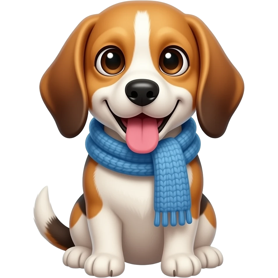 beagle dog with blue scarf , sitting, toungue out, smiling, dumb looking, tongue out from the side, big tail, front view, looking at camera, silly, big eyes, cute emoji