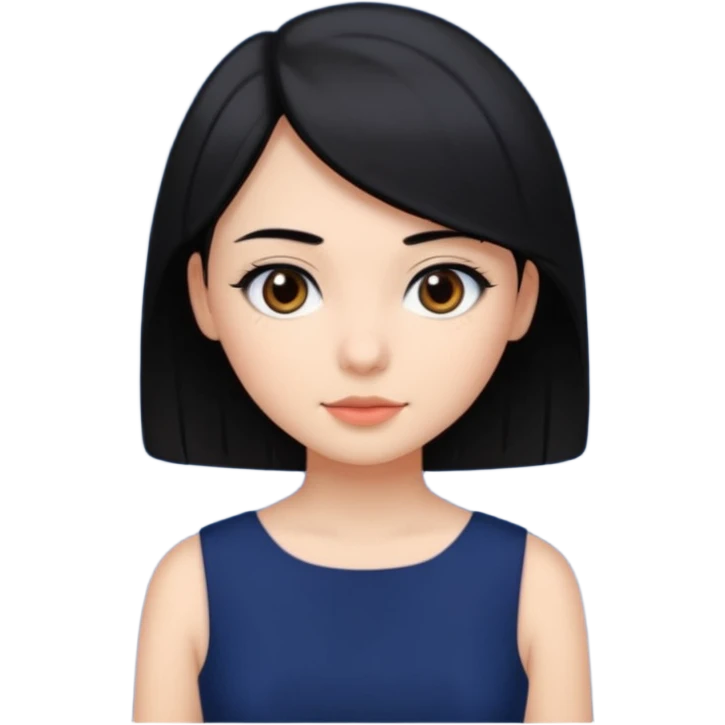 A girl with black hair, dark brown eyes, a beautiful face, short, straight hair to the shoulders, and a navy blue dress. emoji