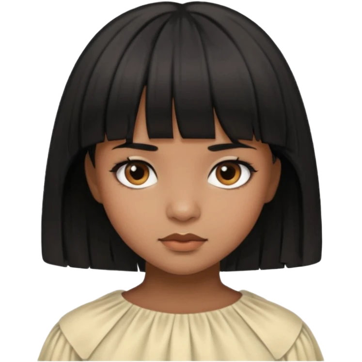 Girl that has a short black hime cut with curtain bangs, then dark brown eyes, and has a bit brown skin emoji