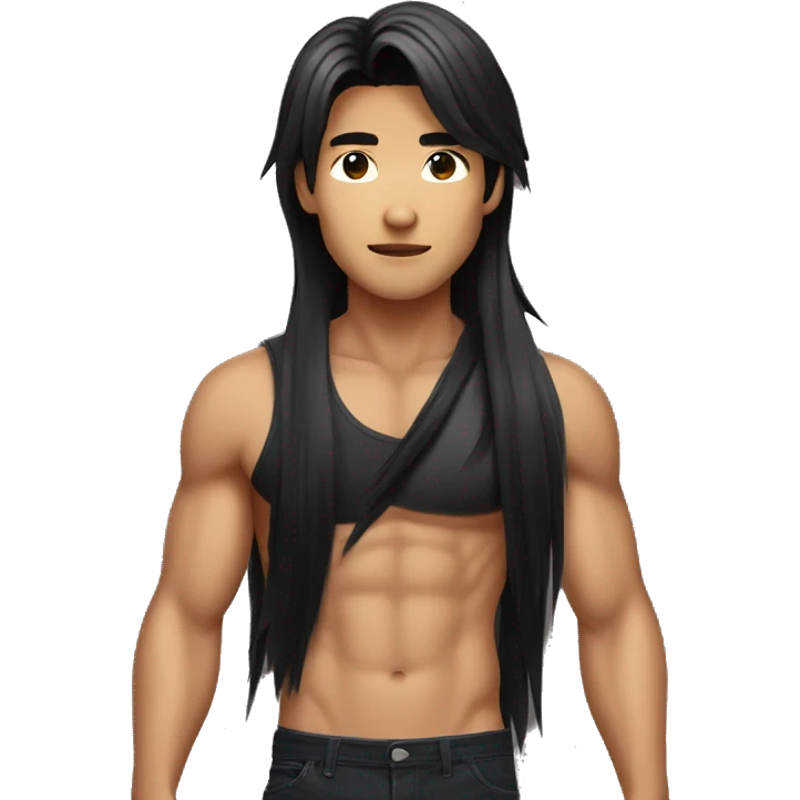 Model Long hair Asian man with abs holding black cat emoji