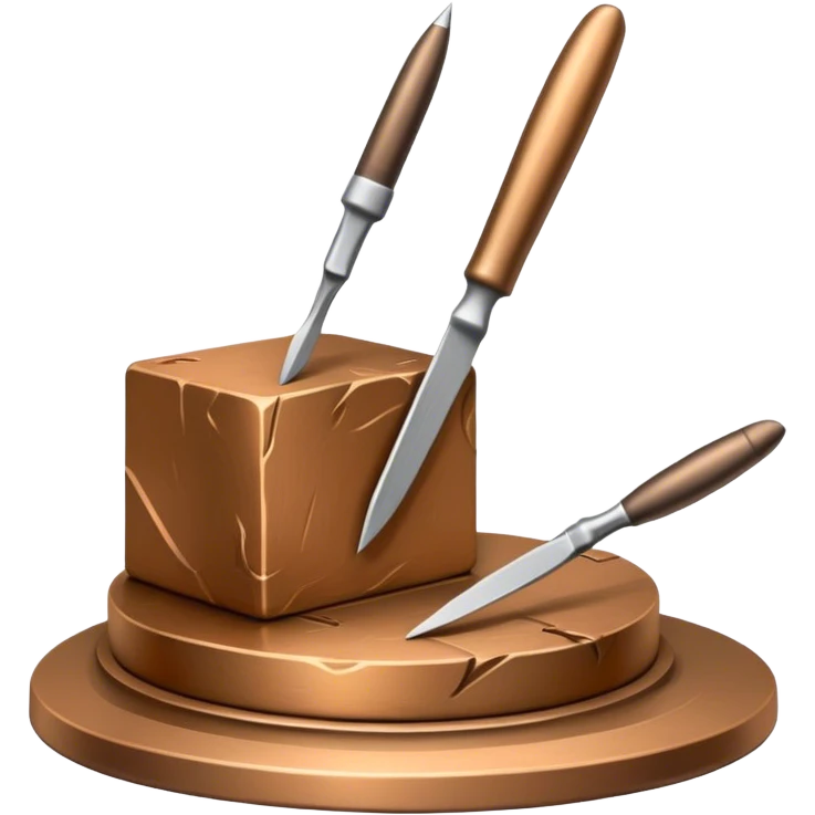 Icon for sculpting, with sculpting tools, sculpture in progress on a textured surface, minimalistic style, clean lines, transparent background. emoji