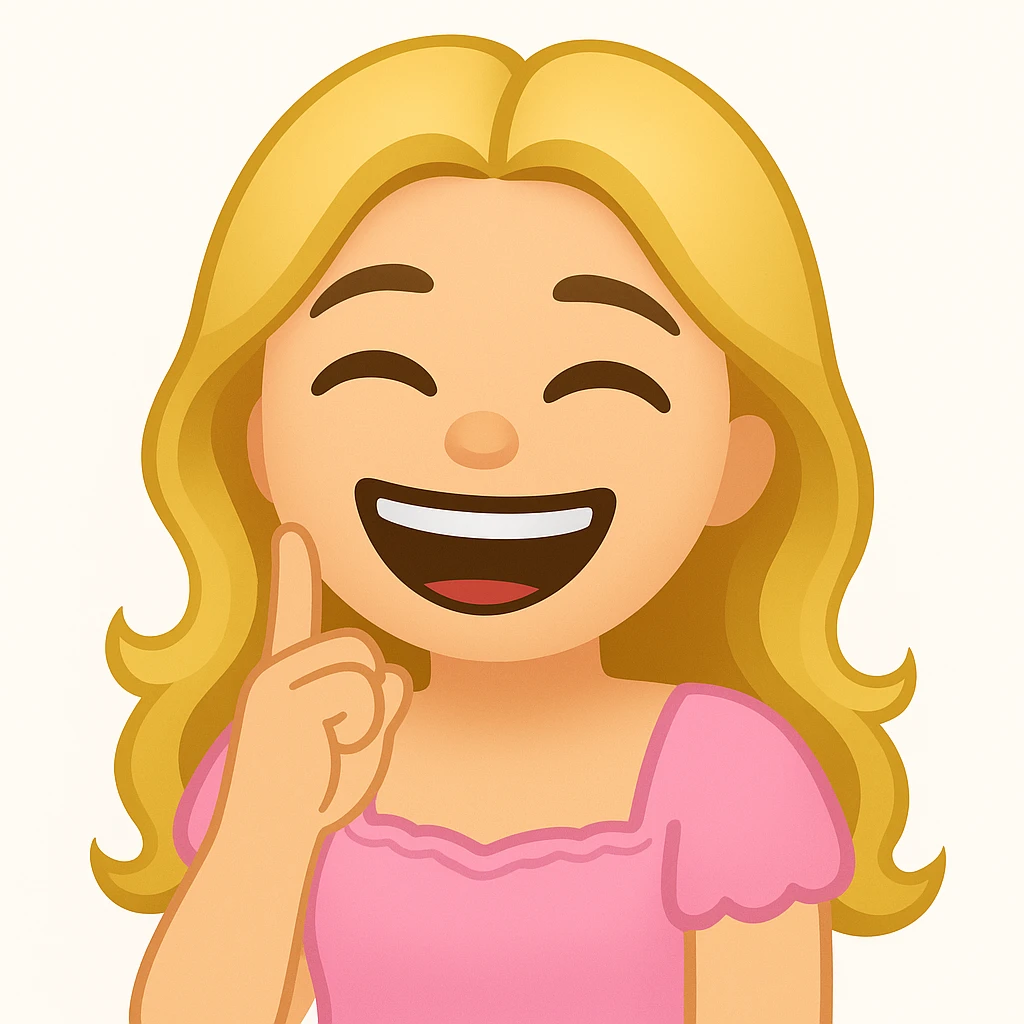 Create an edited version of the reference image in the style of apple emojis. The character should have blonde long hair, green swamp eyes, and wear a pink pastel dress. Change the expression to a laughing expression while keeping all facial features, clothes, and hairstyle from the reference. emoji