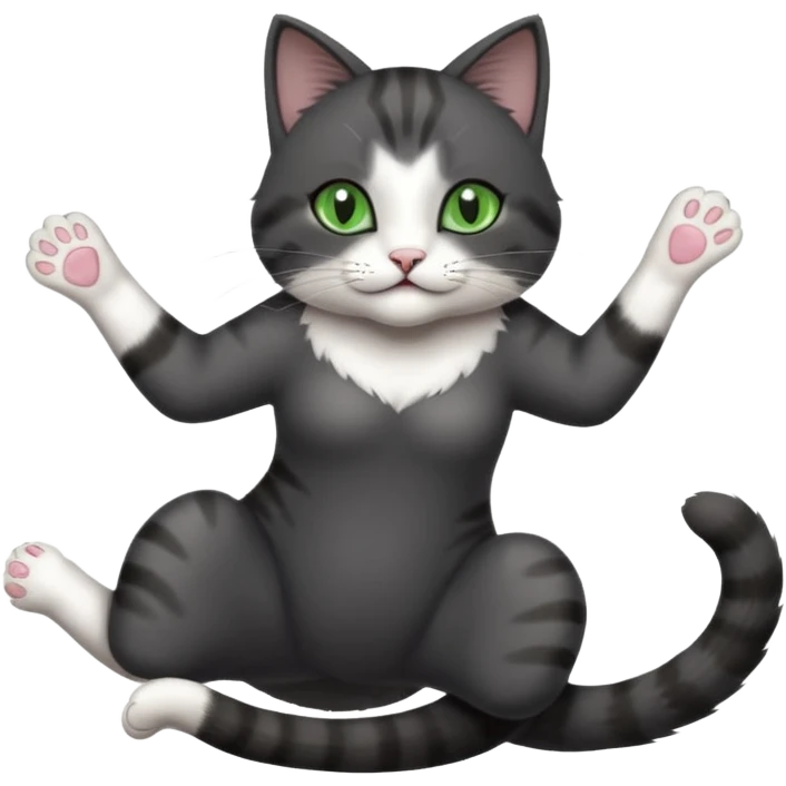 beautiful female solid dark grey cat with green eyes, white toes/paws and white patch on her chest playfully rolling upside down emoji