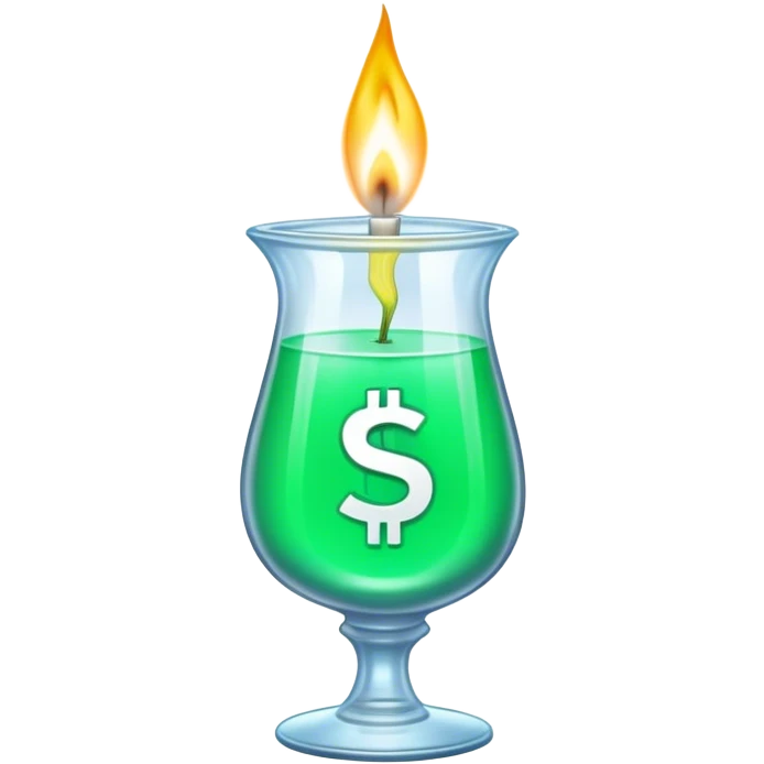 neon elixir in which money floats, crypto, trader candles, pouring over the edges of a transparent glass emoji