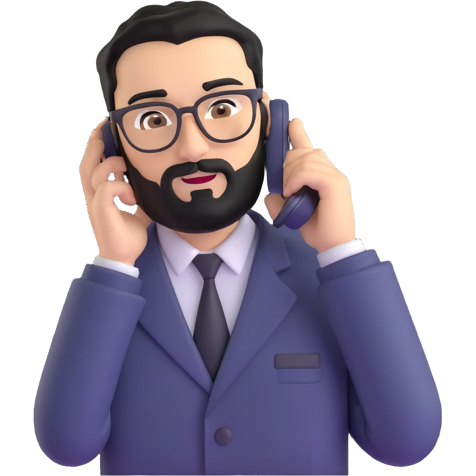 businessman with medium black beard, black hair styled to one side, connected unibrow, olive skin, brown eyes, glasses, prominent nose, in formal black jacket, in the process of dialing or answering phone call, with subtle modern office environment emoji