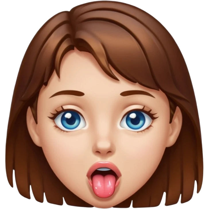 Girl with brown hair, blue eyes, a wet face and her tongue out emoji