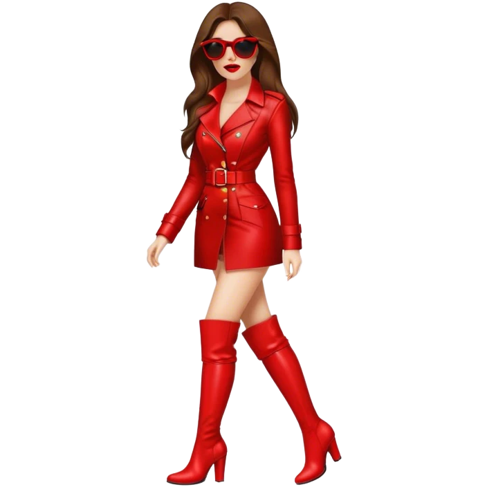Woman with brown hair walking in thigh high red boots, wearing sunglasses and bright red lipstick  emoji