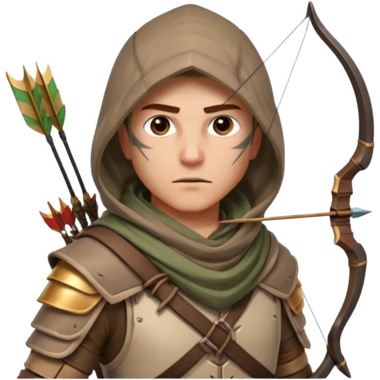 desert archer warrior portrait, head and shoulders only, hooded scarf collar, quiver strap visible, sharp focused eyes, 3D cartoon, mobile game icon style, clean background, no text, no watermark
 emoji