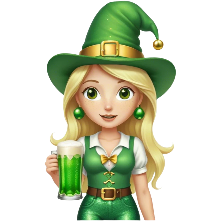 Blonde haired pretty woman with freckles glittery green bell bottoms and tall leprechaun hat holding a green beer emoji