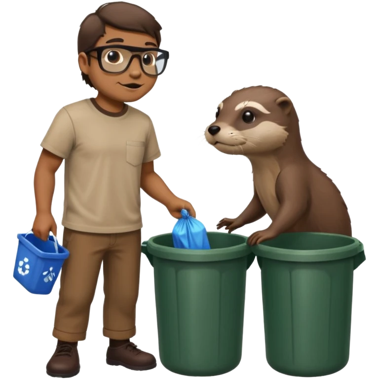 an otter disguised as a man picking up trash bins, next to a mad scientist emoji