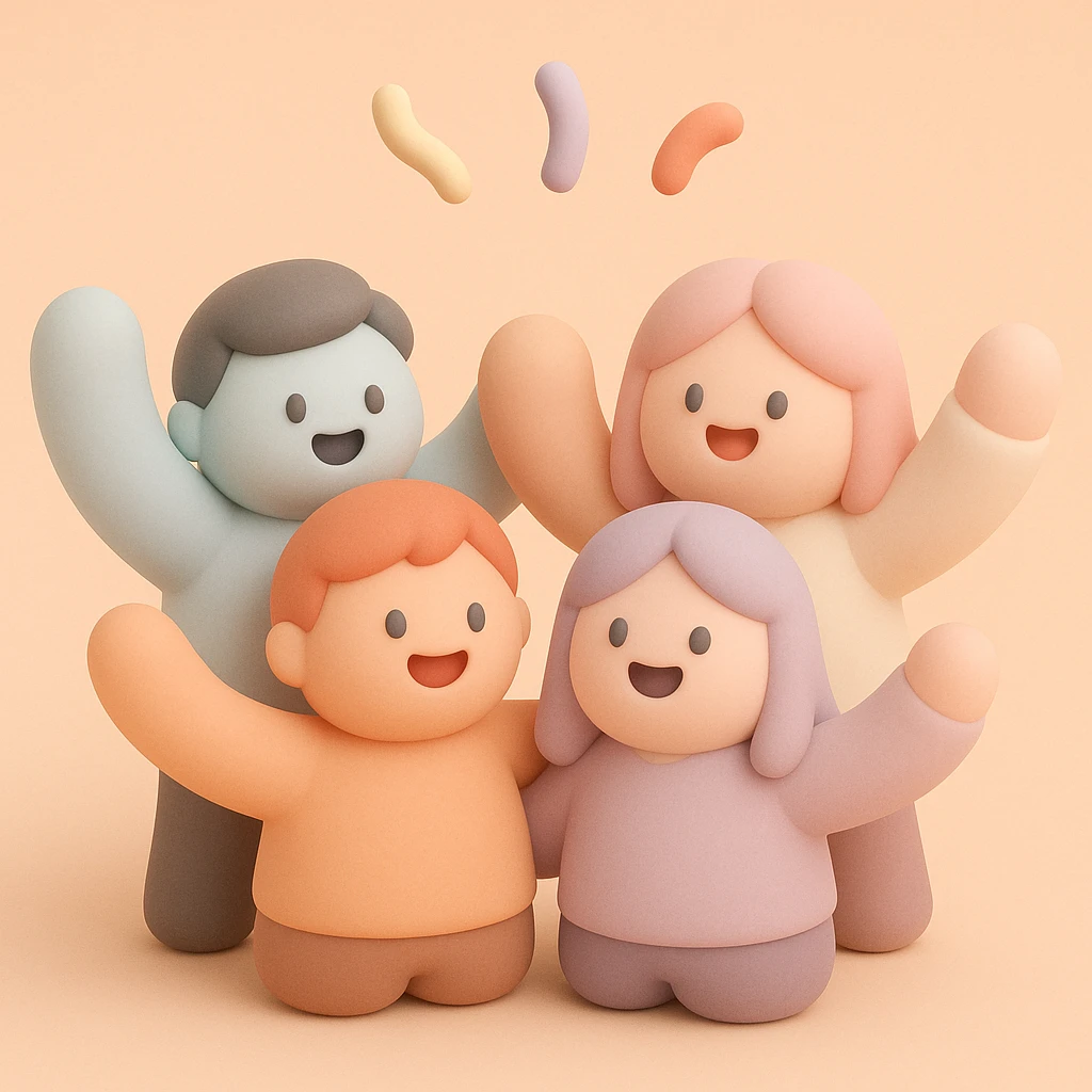a team of coworkers celebrating, mochi style, rounded bodies, pastel tones, cheerful and supportive atmosphere emoji