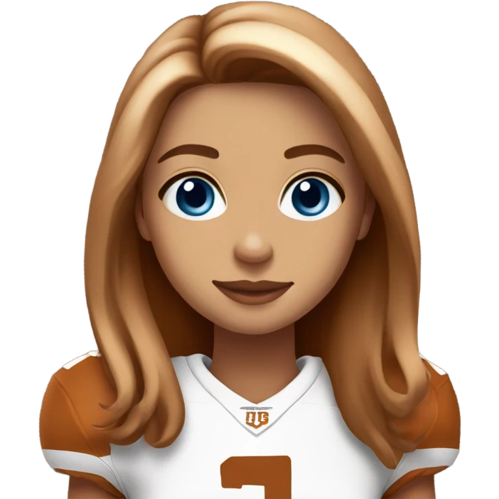 Beautiful girl, blue eyes, long beautiful light brown hair, wearing Texas Longhorn football jersey  emoji