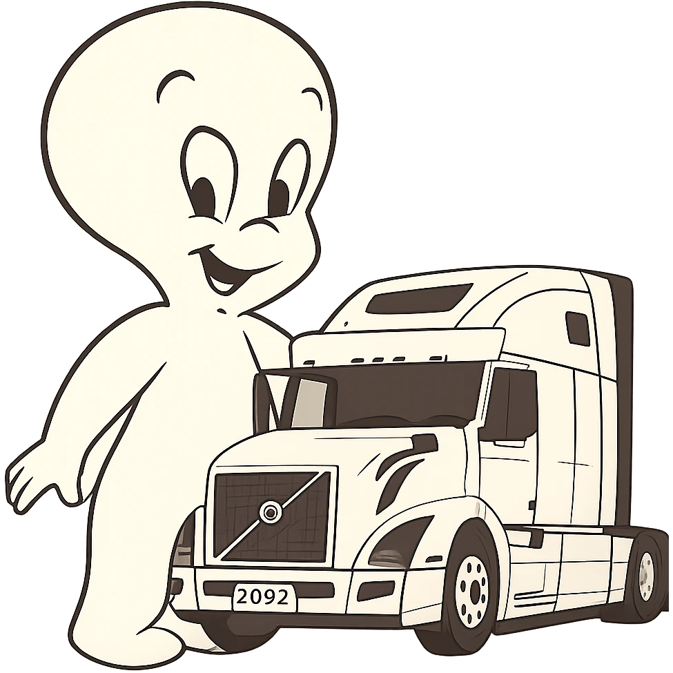 Make Casper the friendly ghost much larger compared to the white semi truck in a cartoon style, keep transparent background. emoji