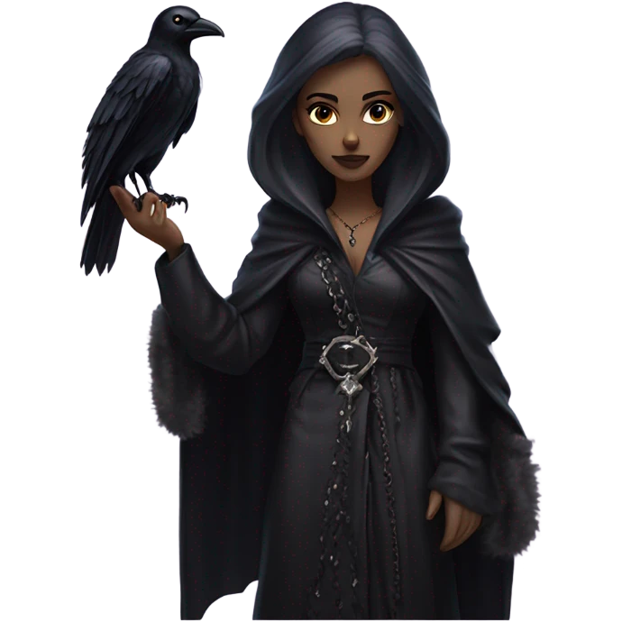 the morrigan goth woman version vines style furr robe stylish boots, perfect eyes, raven on hand emoji