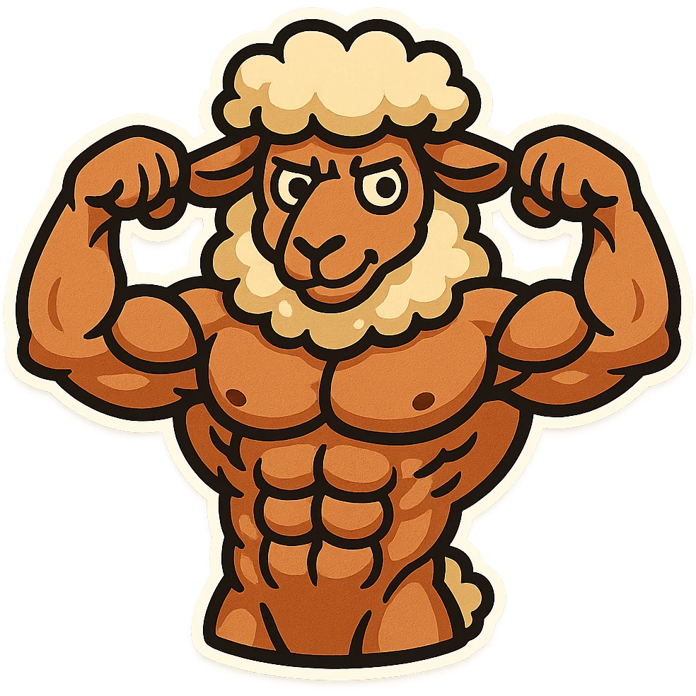 Create a buff sheep with visible 6 pack abs in a cartoonish sticker style. The style should resemble cartoonish stickers with bold outlines and vibrant colors. emoji