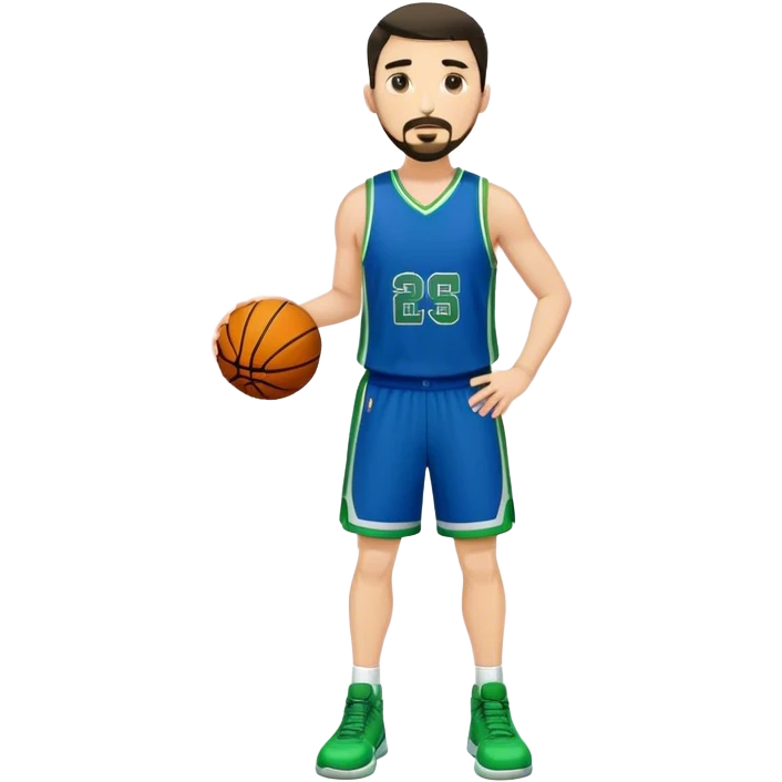 Full Body  white male basketball player with short dark hair and gold tee beard wearing blue and green uniform emoji