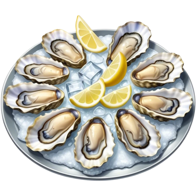 Cinematic fresh oysters on the half-shell, glistening with seawater, served with lemon wedges and ice, soft glowing highlights, elegant and luxurious. emoji