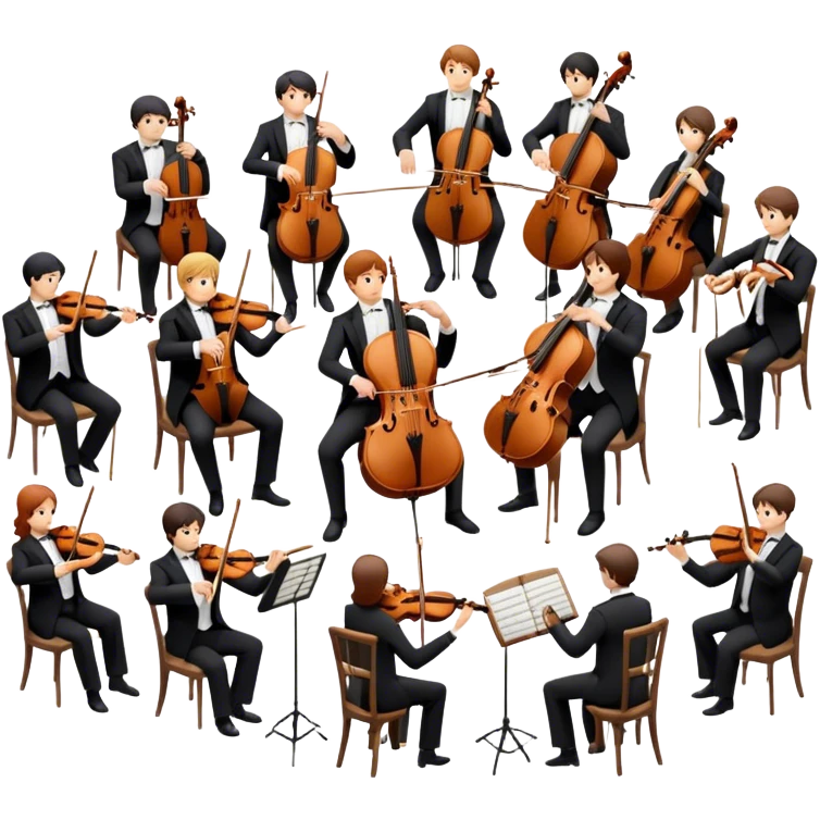 Icon for Classical Music: chamber orchestra with musicians playing string instruments (violins, violas, cellos) and a conductor leading the ensemble. The intimate, refined atmosphere. Transparent background. emoji