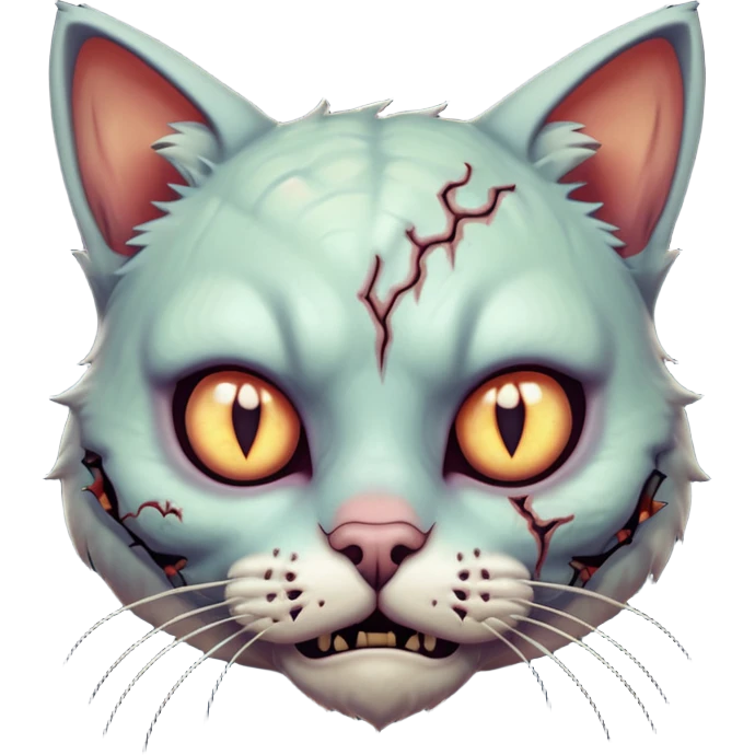 zombie cat portrait, head and shoulders only, pale fur, cracked skin patches, eerie glowing eyes, mischievous undead vibe, 3D cartoon, mobile game icon style, clean background, no text, no watermark
 emoji