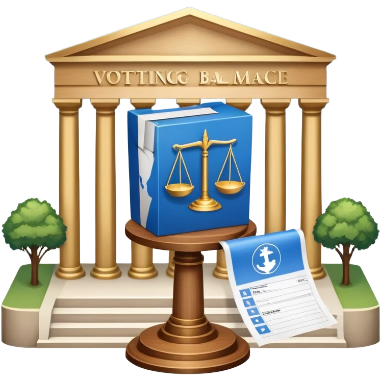 An icon featuring a ballot box with a voting paper, a government building with columns, and a scale of justice, symbolizing political science. The design includes a world map in the background, representing global political systems. Transparent background highlights governance and civic studies. emoji
