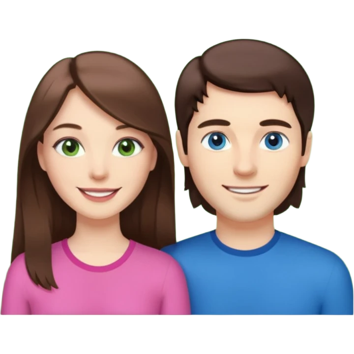 “A pink Polaroid-style photo of a couple: a white woman with long brunette hair and blue eyes, and a white man with short brunette hair and green eyes.” emoji