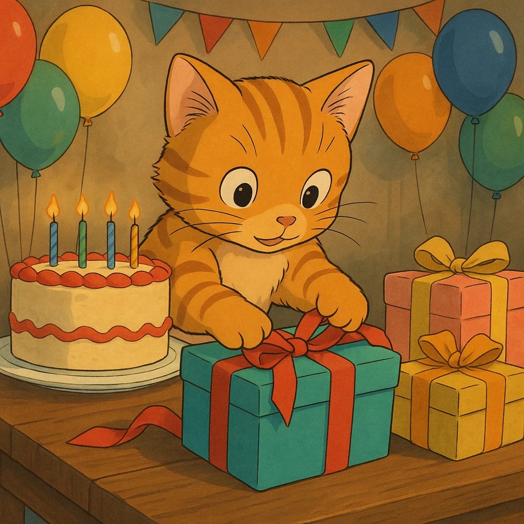 ginger tabby kitten opening presents, birthday party scene with balloons and cake, ghibli style emoji