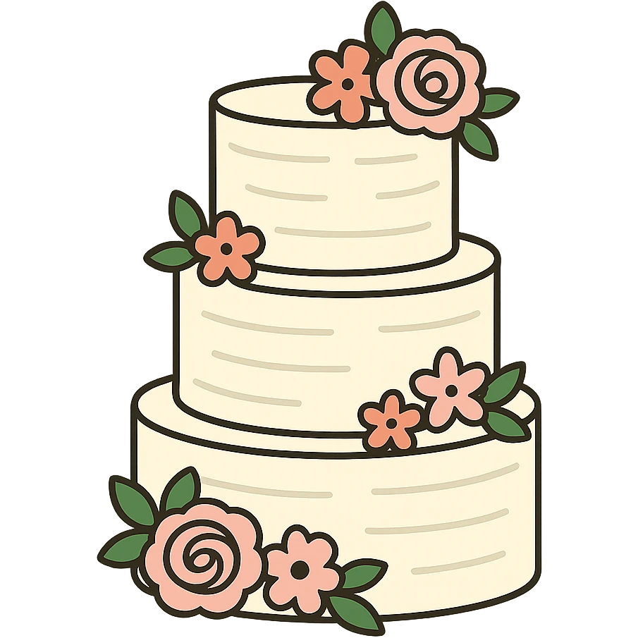 flat toon white buttercream three-tiered wedding cake with flowers emoji