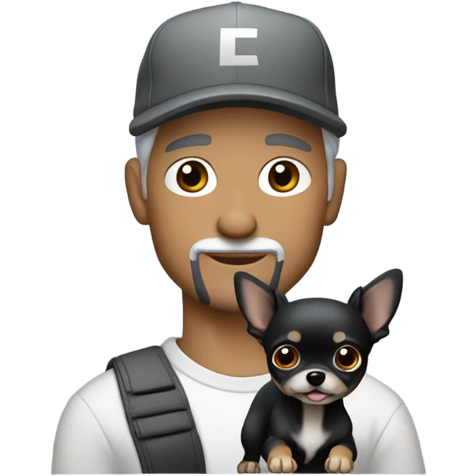 man blue eyes gray hair gray goatee in ball cap holding black longhair chihuahua  emoji
