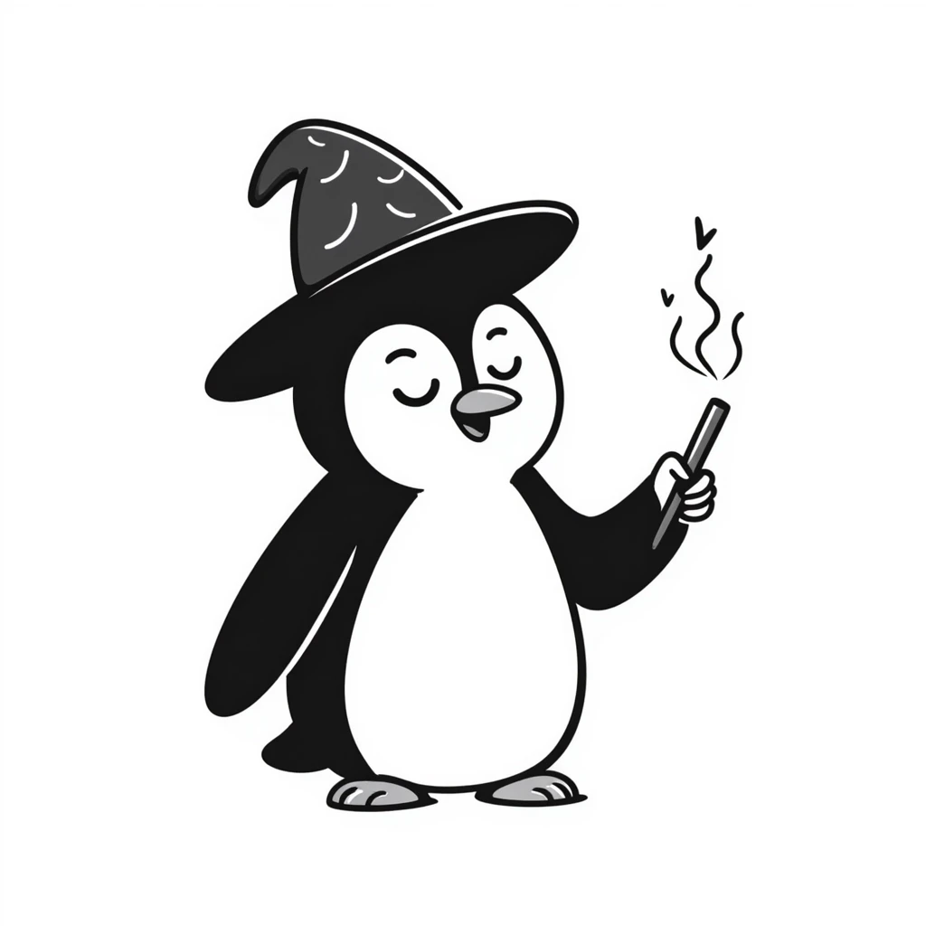 hand-drawn penguin with wizard hat and wand casting magic emoji