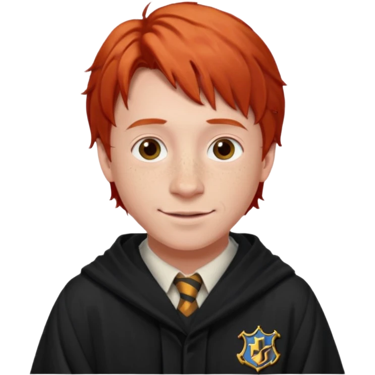 Create a realistic portrait of Ron Weasley with red hair, freckles, Hogwarts robe & warm smile. emoji