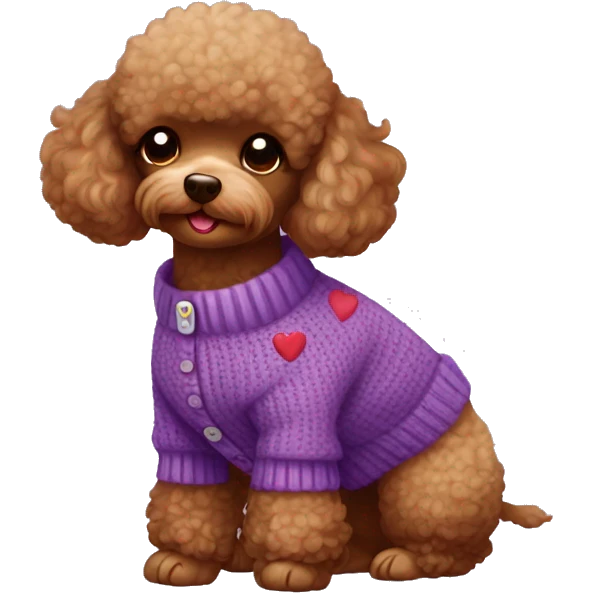 toy poodle red brown in a purple cardigan with hearts emoji