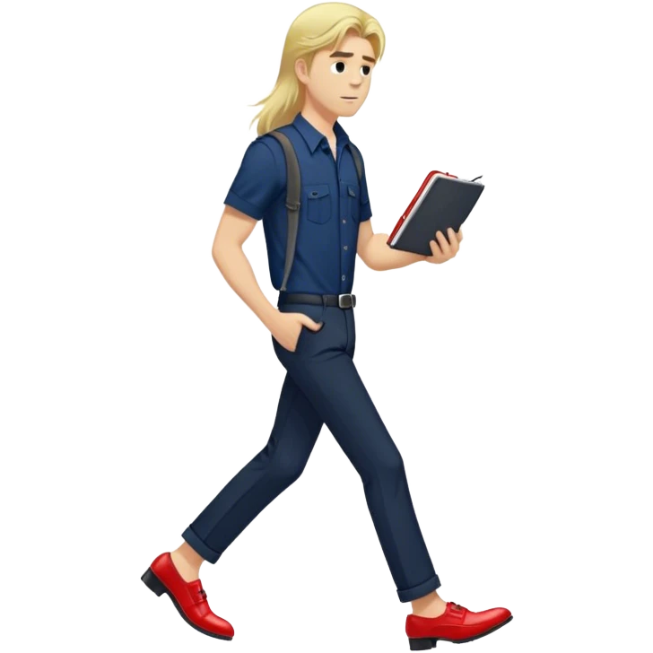 Guy with super long straight blonde hair wearing a short sleeve navy button up untucked black pants red shoes walking holding a notebook by his hip emoji