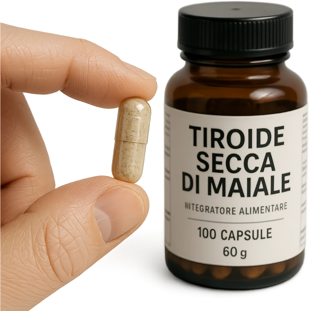 close-up of a hand holding a capsule of 'Tiroide Secca di Maiale' supplement, jar with readable label in the background, pharmaceutical style, 4K hyperrealism emoji
